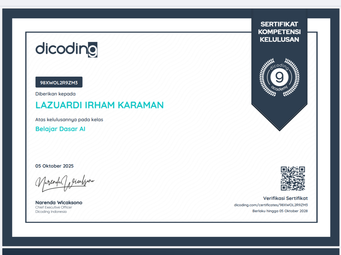 Sertifikat Kompetensi Kelulusan Dicoding - Belajar Dasar AI